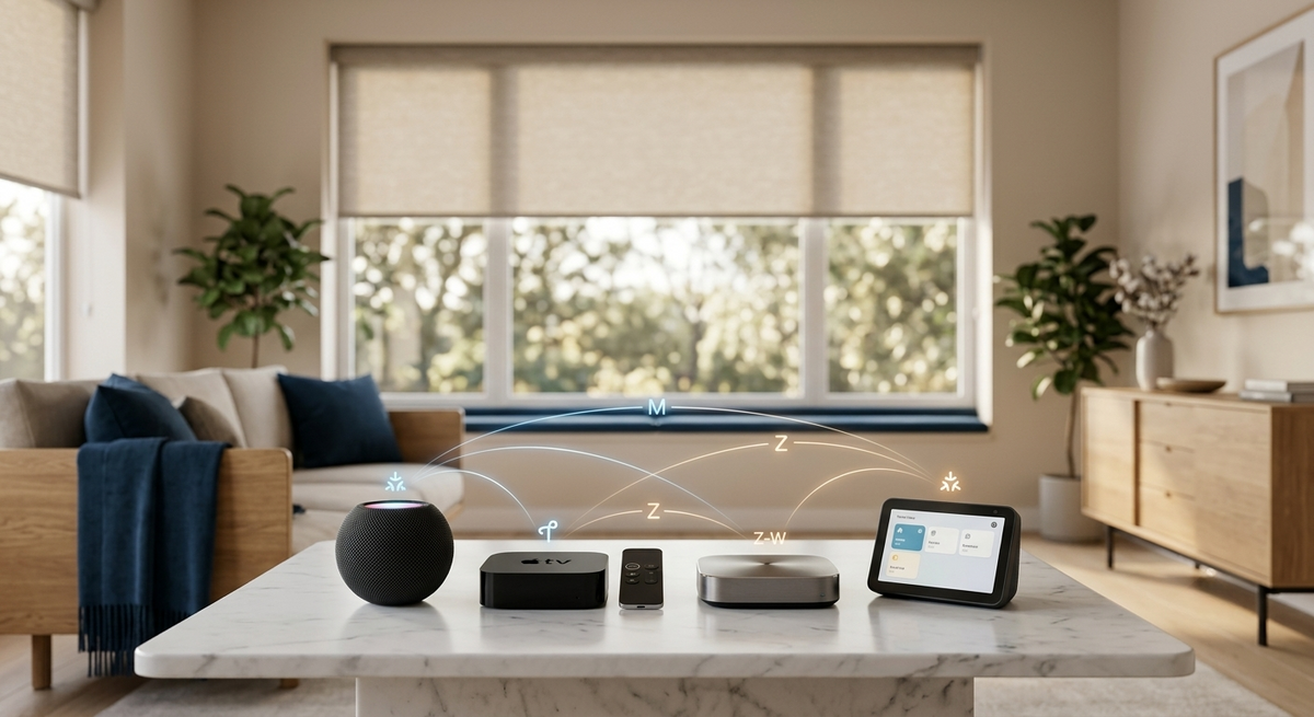 Smart home setup with motorized shades and smart controllers in a living room