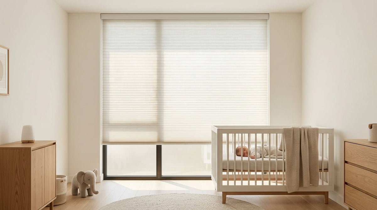 Bright nursery interior with Weffort white cellular shade, cozy child-friendly window treatment