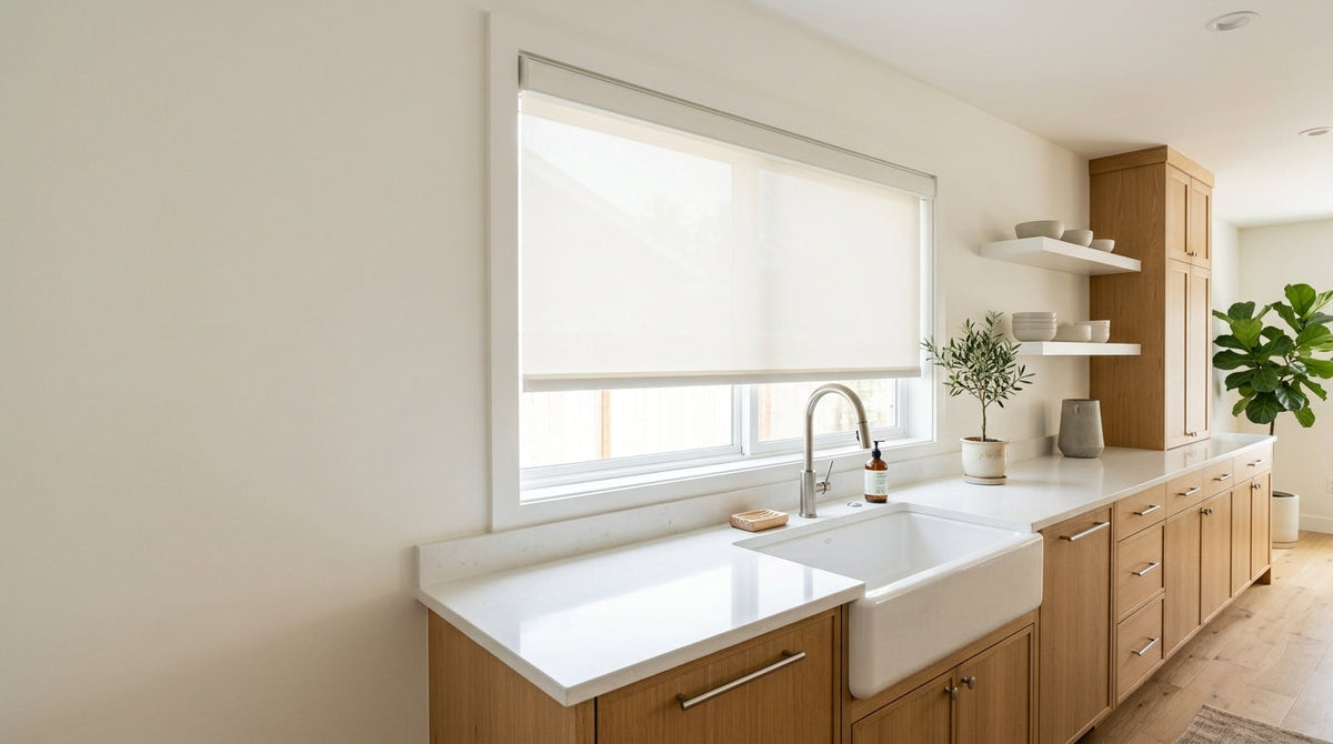 Modern kitchen interior with concise roller shade, sleek kitchen window treatment