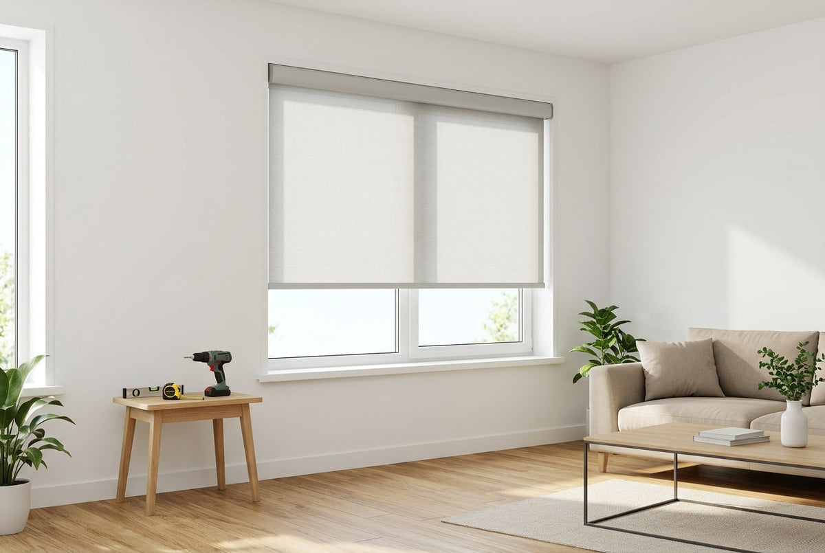 Living room interior fitted with minimalist roller shades, clean Scandinavian style