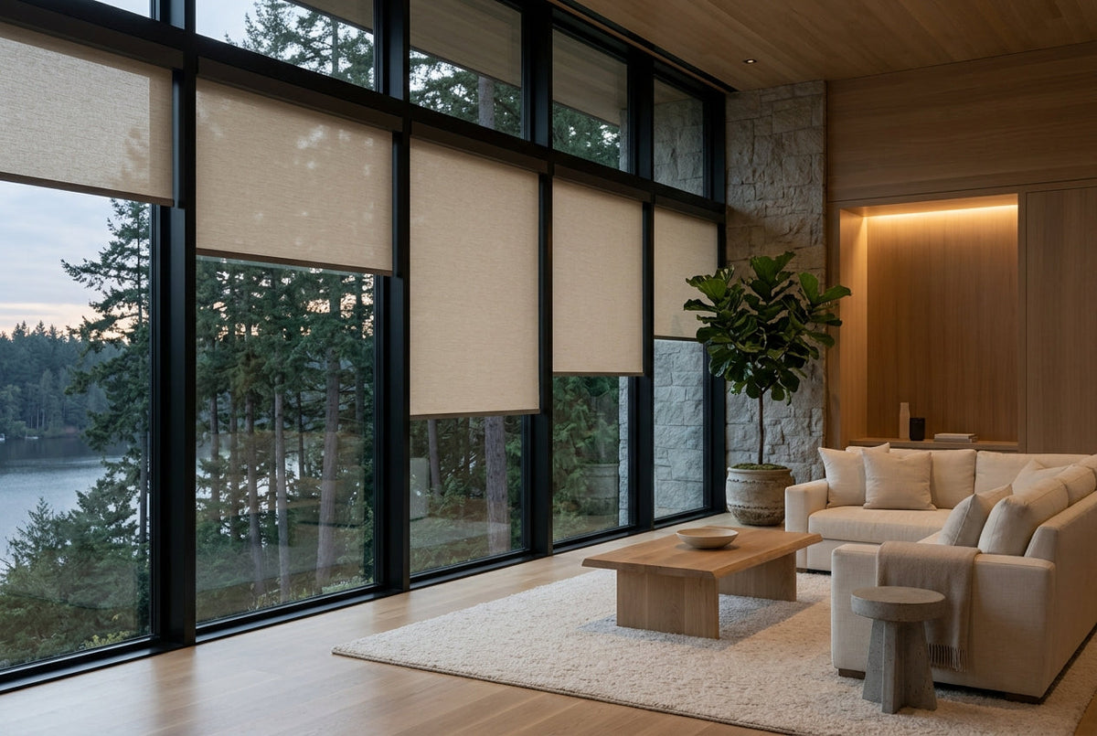 Luxury living room with multiple high-end roller shades