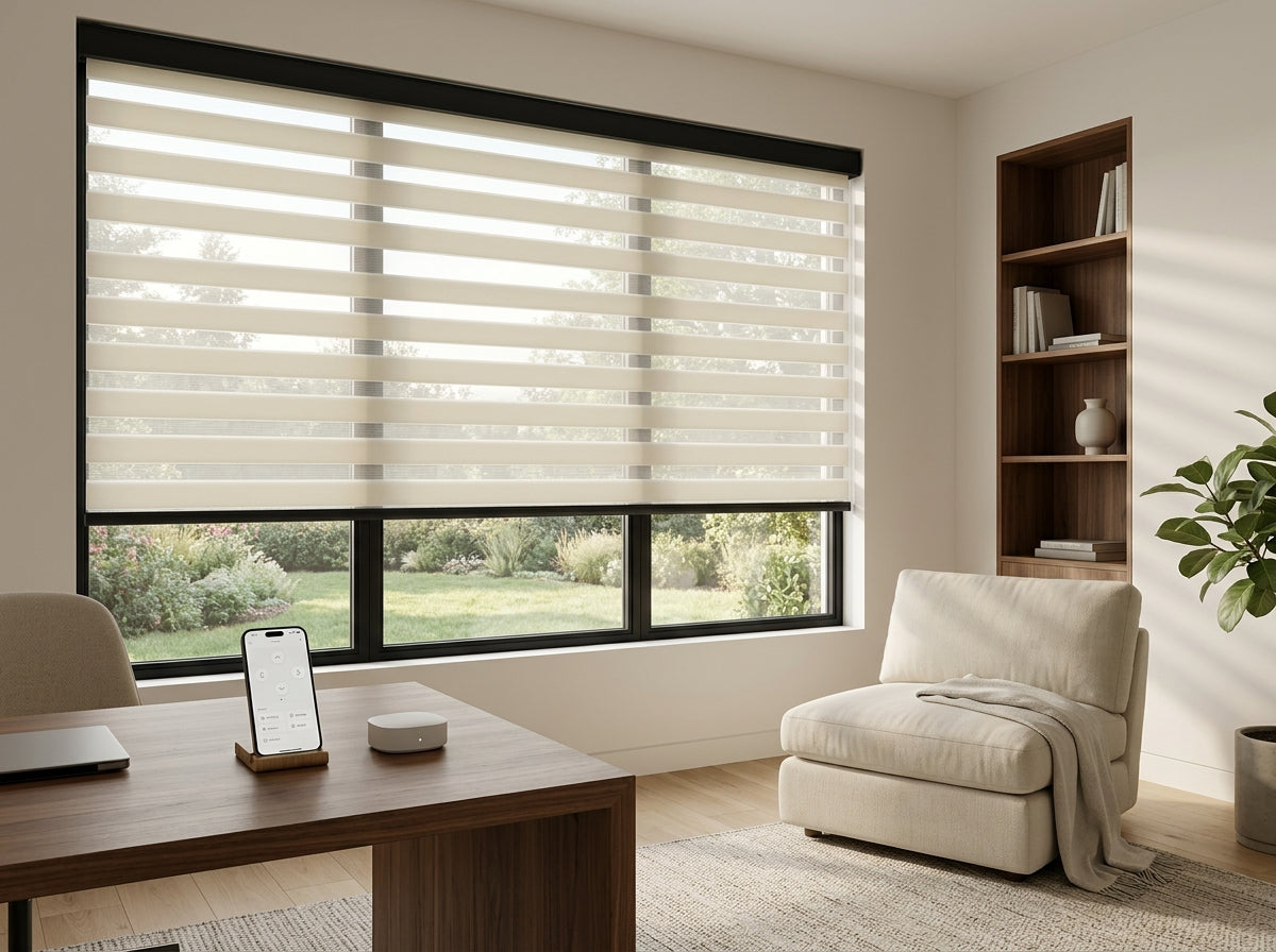 Cozy home office with white zebra shade
