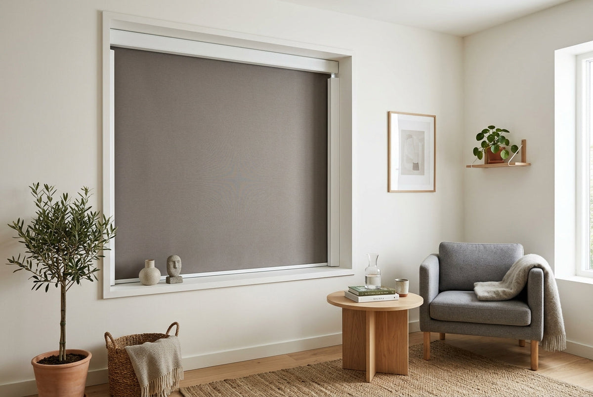 Living Room Corner with Weffort Blackout Roller Shades and Light Blockers