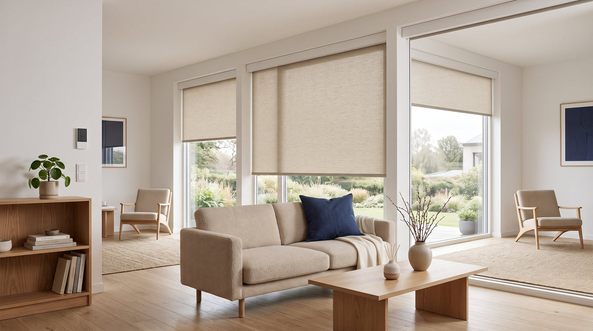 Weffort living room with motorized roller shades