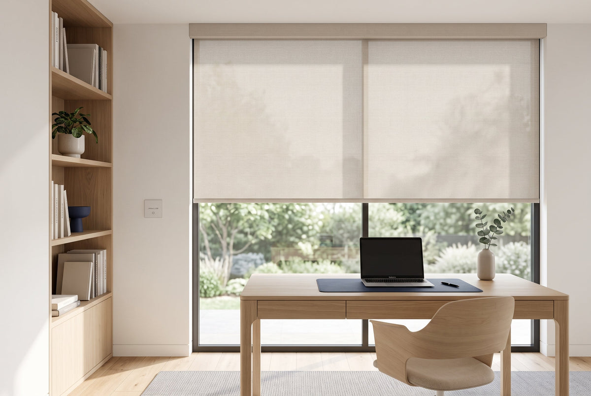 Quiet home office interior fitted with Weffort motorized roller shades