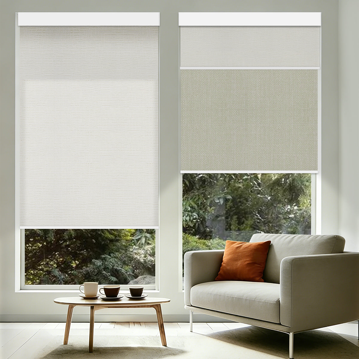 Living room with motorized dual roller shades, one window showing the light-filtering layer lowered and the other partly covered by the solid layer