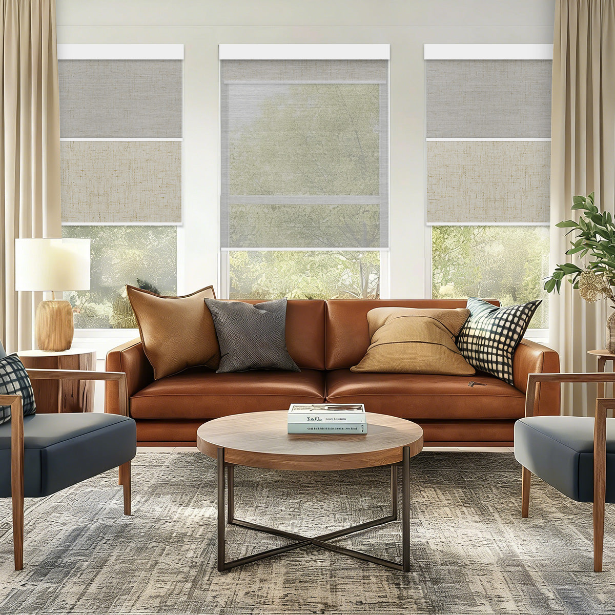 Living room with a leather sofa and three windows layered with motorized dual shades and floor-length curtain panels at the sides