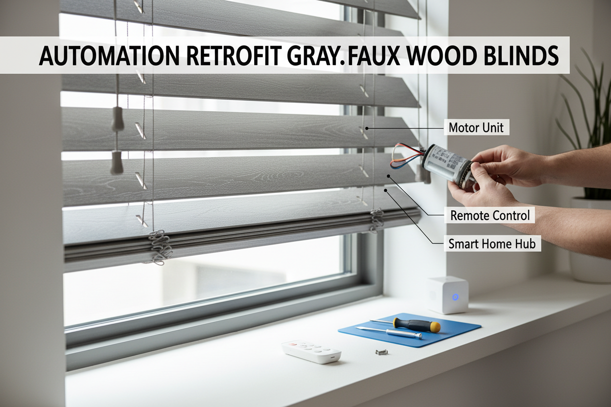 Automate Gray Faux Wood Blinds: A Retrofit Guide