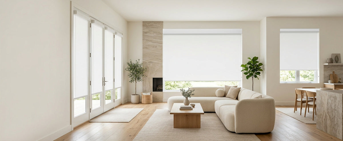 Clean solar roller shades spacious open living room