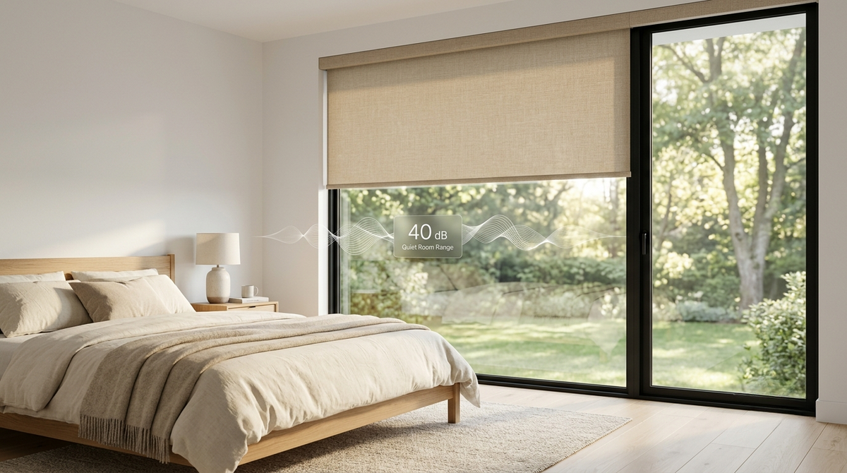 Quiet 40dB cordless motorized roller shade in modern bright bedroom
