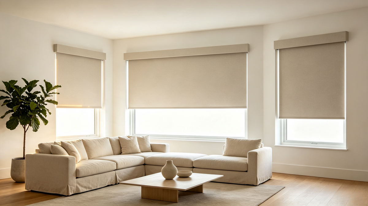 Minimalist modern living room large sectional sofa beige fabric roller shades