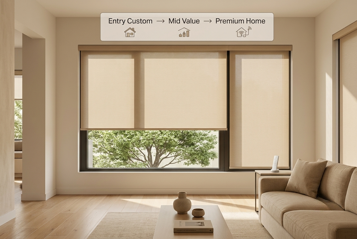 Large window custom roller shades tier upgrade diagram modern neutral living space