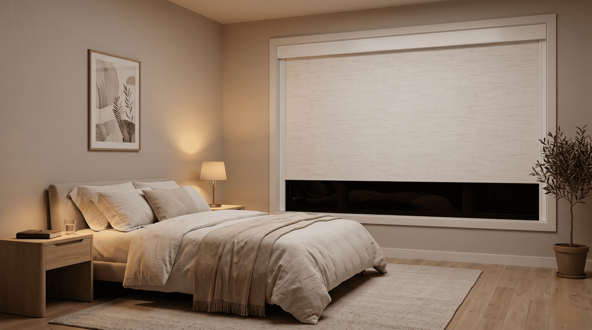 Recess-mounted blackout blind in cozy neutral bedroom