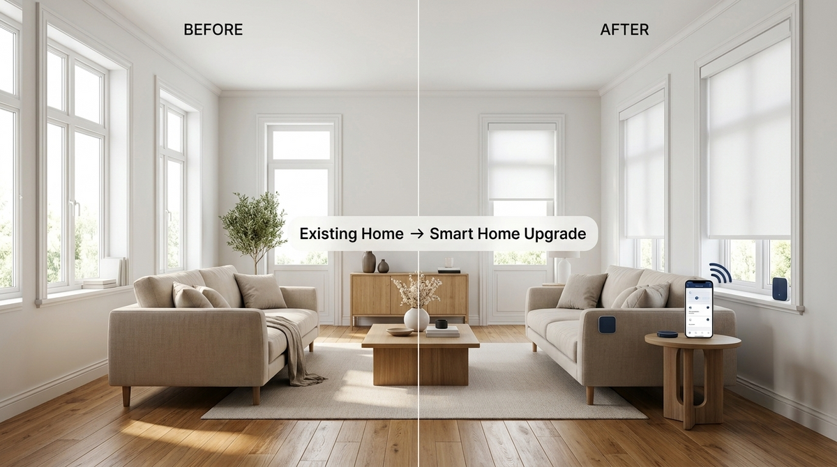 Before and after living room transformation with Weffort smart motorized shades