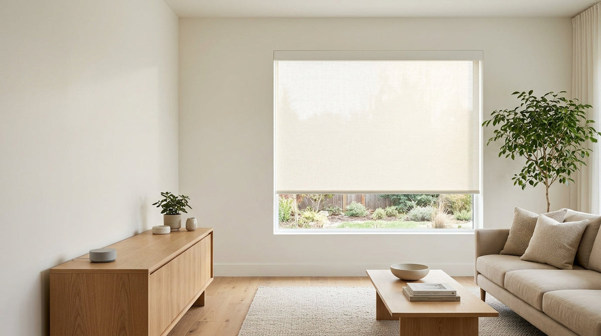Weffort beige sheer smart roller blind in bright living room