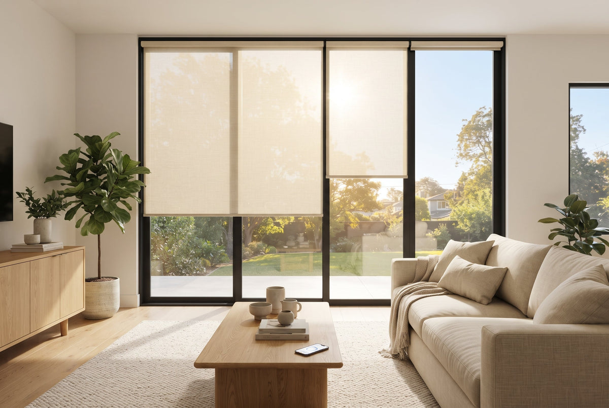 A Bright Morning Living Room with Multiple Weffort Light-Filtering Roller Shades