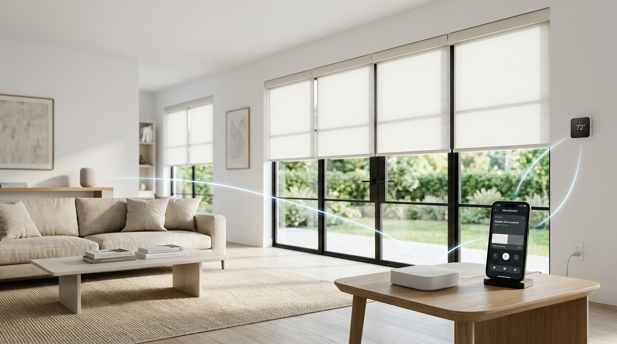 Smart motorized roller shades in modern living room