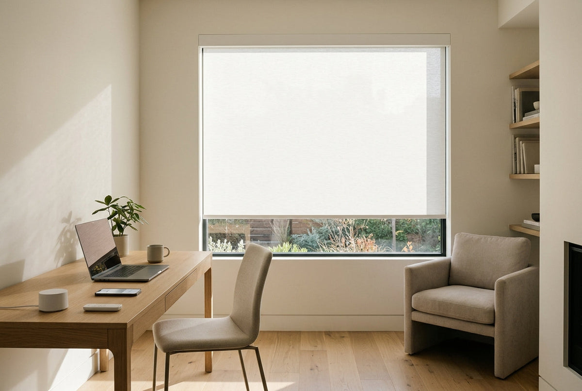 Weffort white motorized roller blind in sunlit minimalist home office