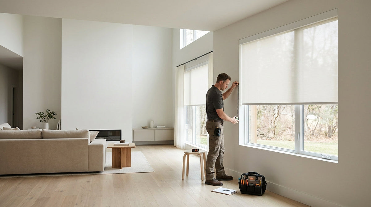 Weffort technician measuring for smart roller shade