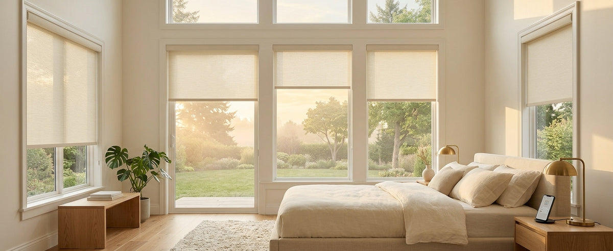 Smart motorized blinds for bright bedroom