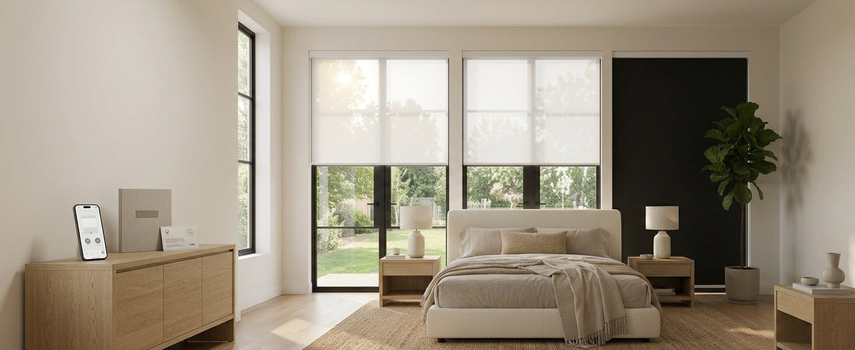 App controlled solar roller shades modern minimalist primary bedroom