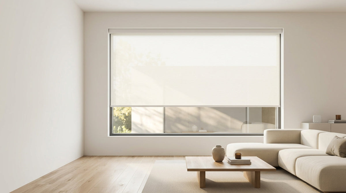 Weffort motorized roller shade in living room