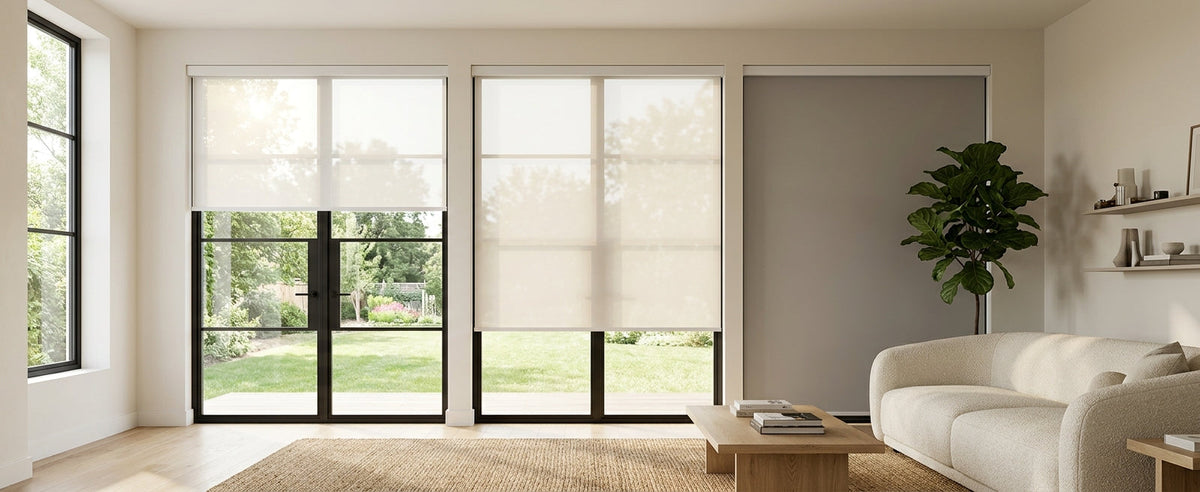 Light filtering motorized roller blinds bright minimalist living room