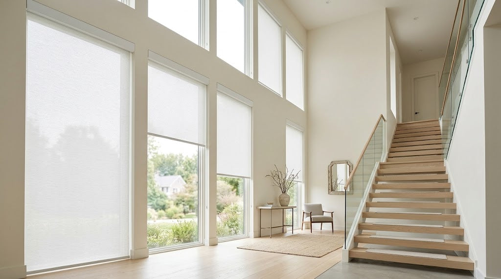 Tall stairwell Weffort cordless roller blinds