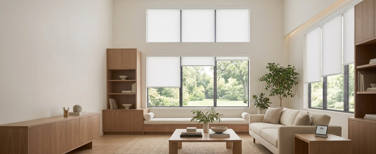 Motorized roller blinds grand living room