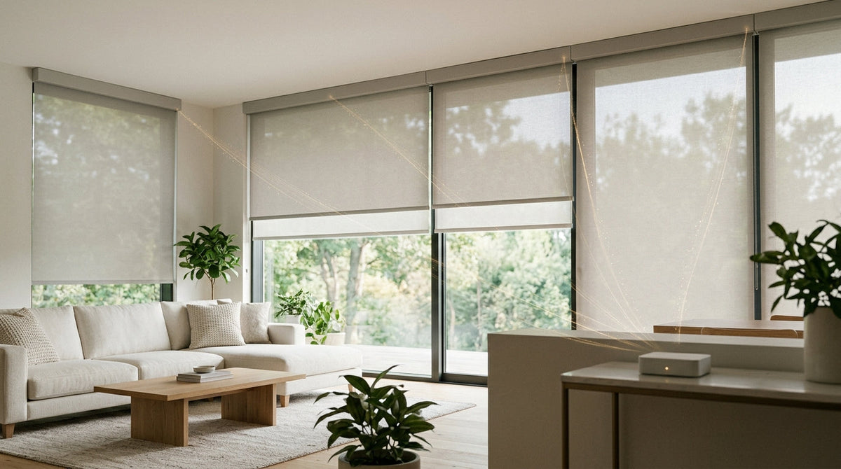 Modern room interior with dual roller shades, layered window treatment