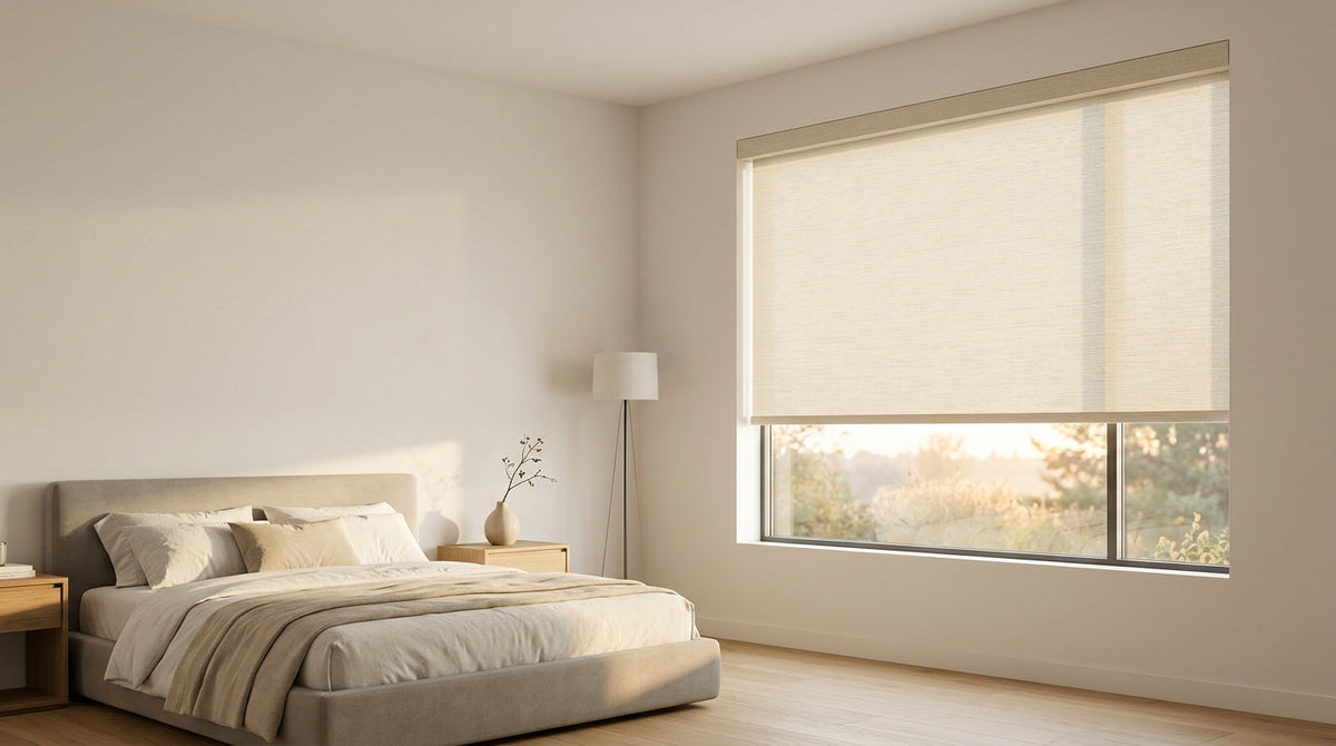 Motorized roller blind for serene bedroom