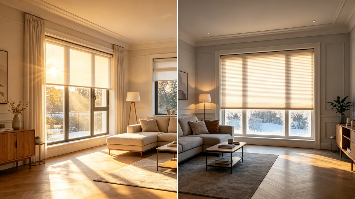 Summer vs winter energy saving window blinds comparison in luxury living room