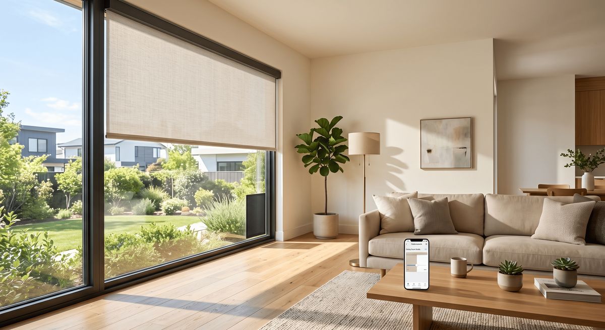 Bright contemporary living space with linen texture electric roller shades on large glass window