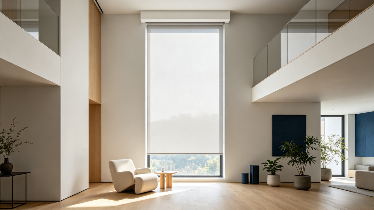 Weffort motorized roller shade for extra‑tall double‑height window