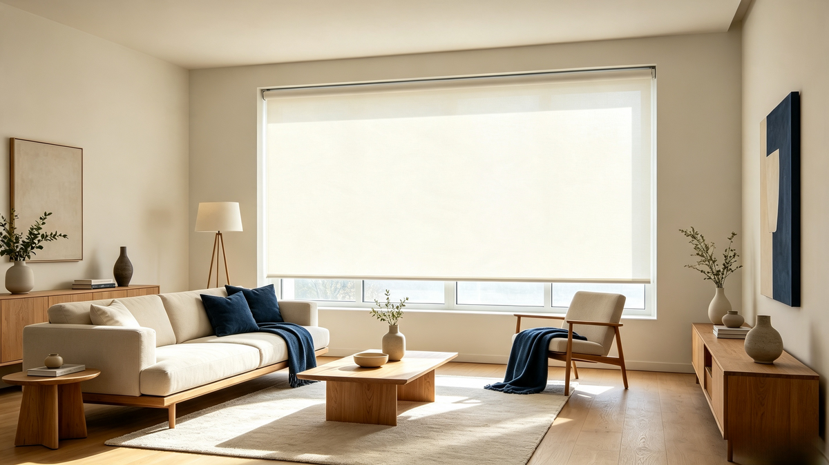 Large wide roller shade in bright contemporary living room cream sofa navy blue throw pillows light wood flooring
