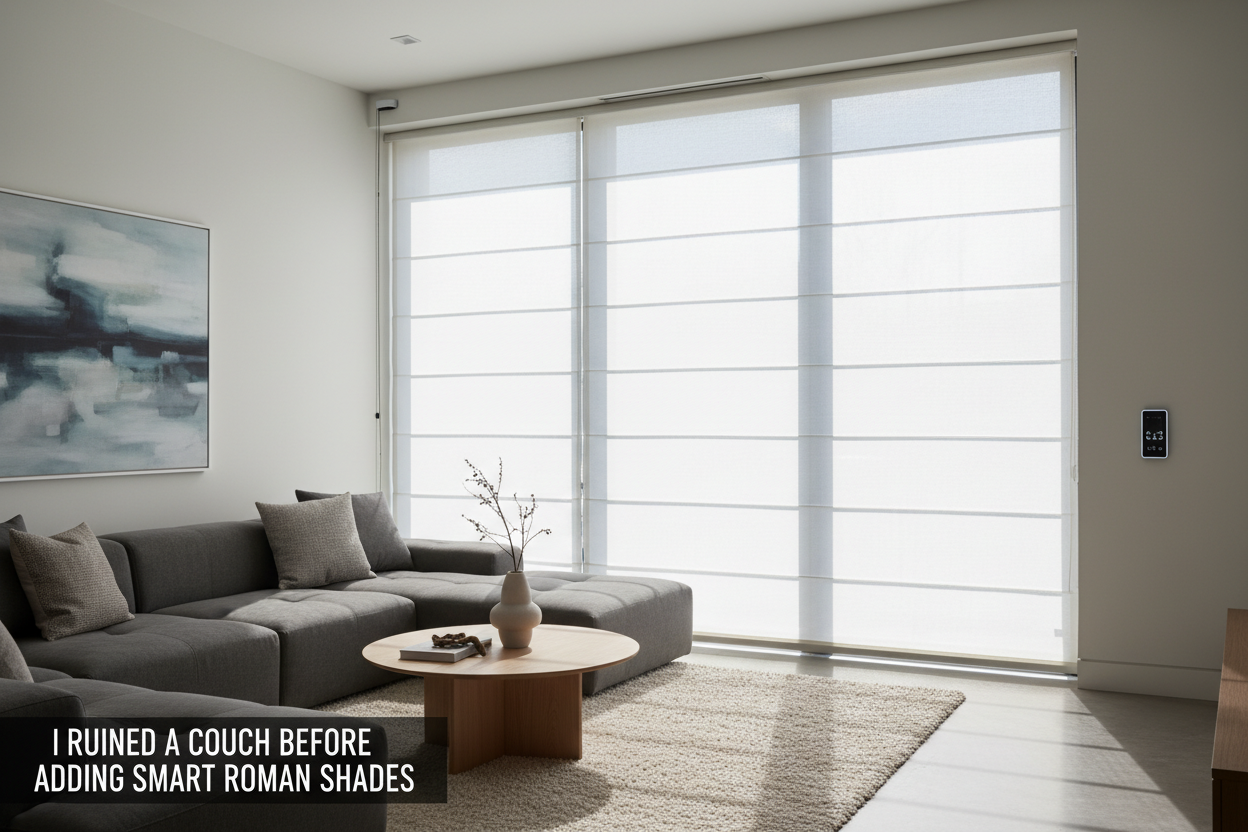 I Ruined a Couch Before Adding Smart Roman Shades for Living Room