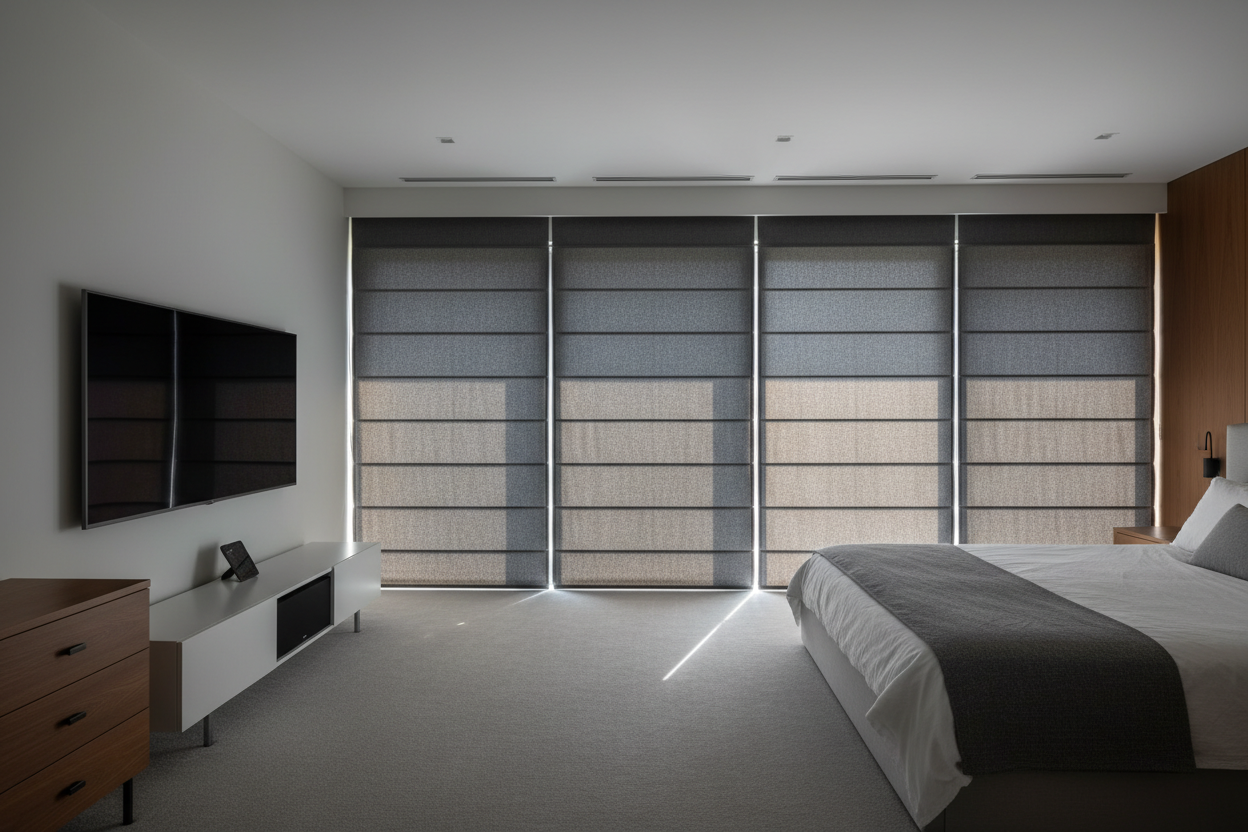 I Fixed My Bedroom TV Glare With Roman Shades Room Darkening Motors