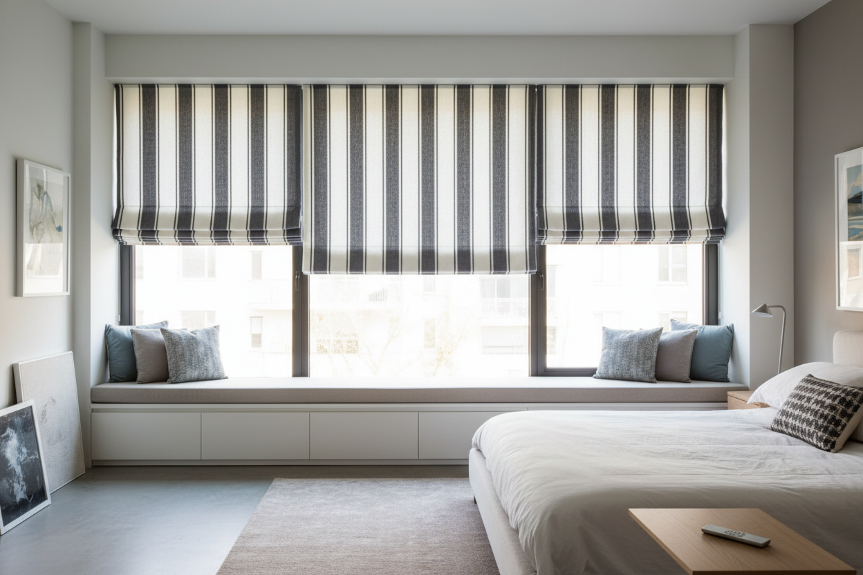 I Faked High Ceilings With Striped Roman Shades (Then Motorized Them)