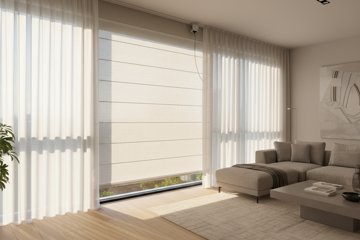 I Layered Drapes Over Curtain Roman Blinds (And Snagged My Motors)
