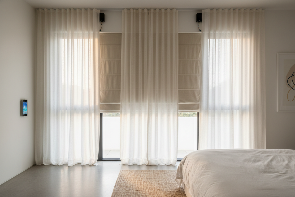 How Layering Roman Blinds with Curtains Hid My Ugly Smart Motors