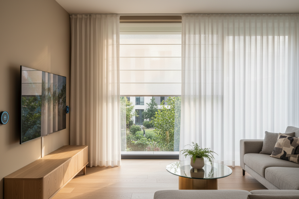 How I Layered Smart Blinds and Sheer Curtains to Fix TV Glare