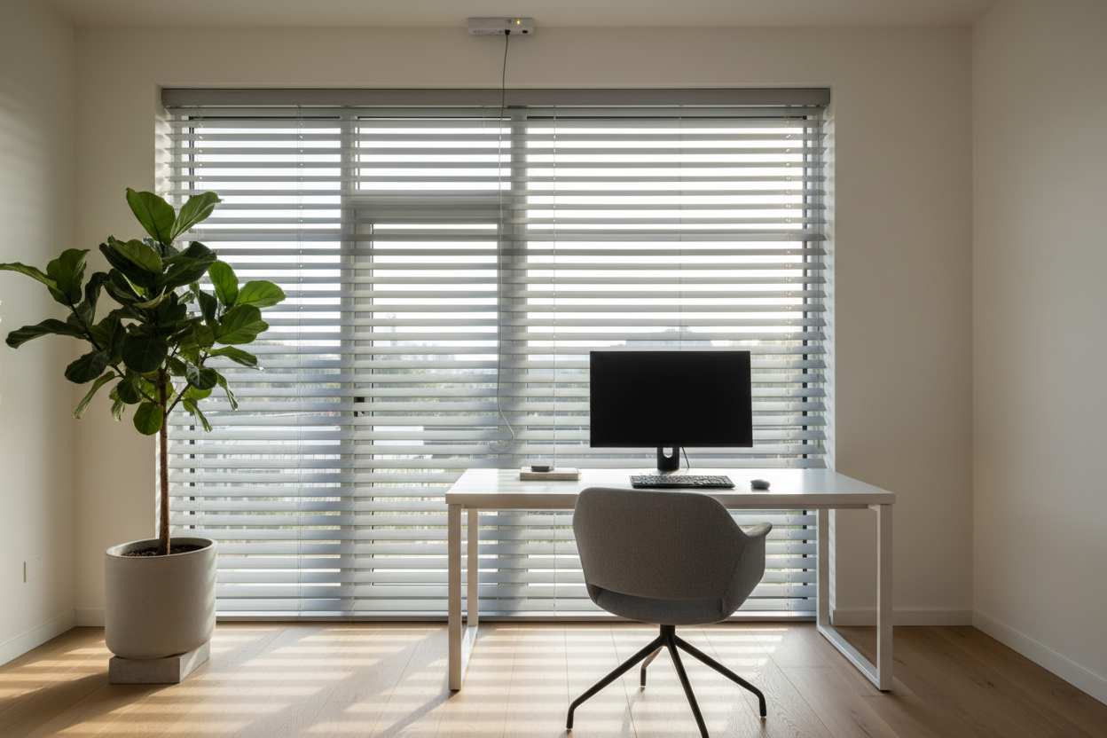 The Secret to Making Faux Wood Grey Blinds Look Expensive