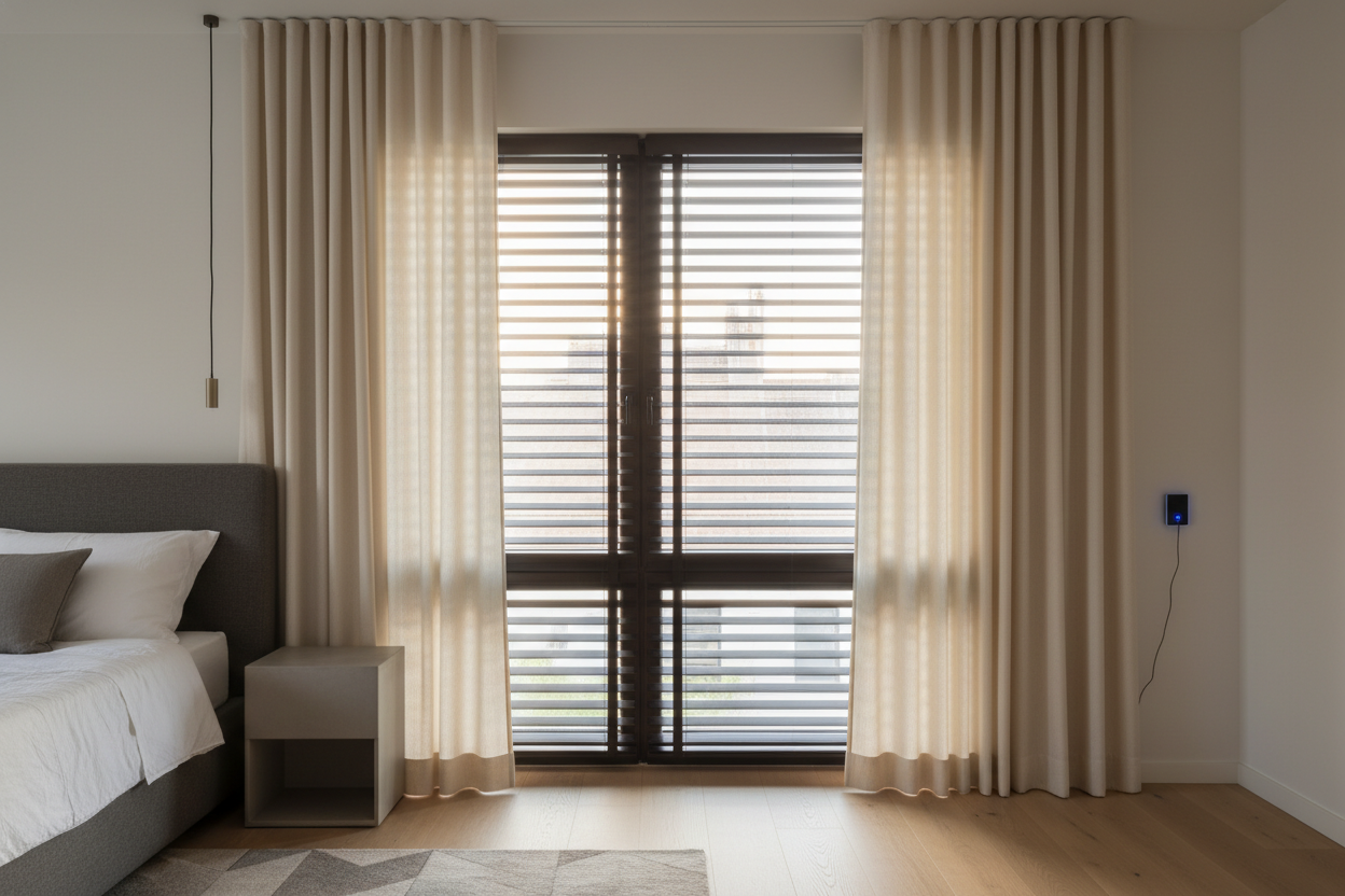 I Layered Wood Blinds With Curtains to Fix My Slat Light Leaks