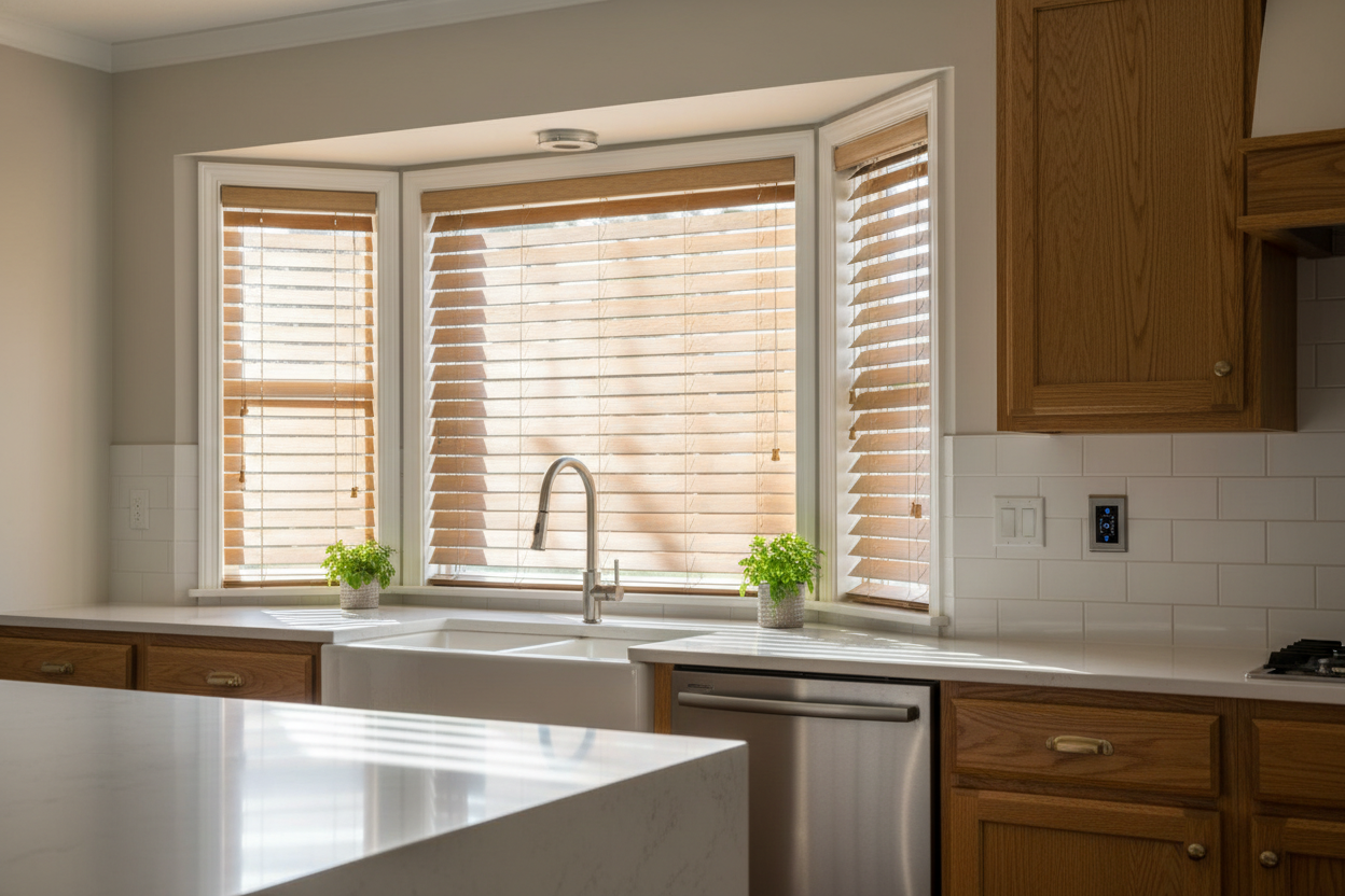 I Used Faux Wood Blinds Oak to Fix My 1990s Kitchen Trap