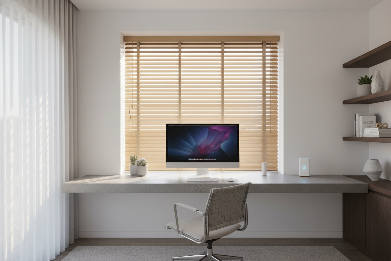 Sun Glare on Your Monitor? Automate 36 x 64 Faux Wood Blinds