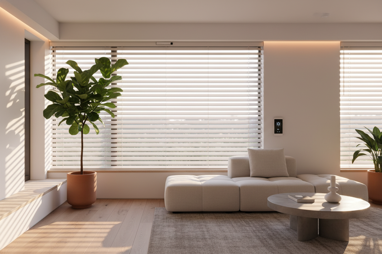 Why Off-White Faux Wood Blinds Are the Secret to Better Smart Lighting