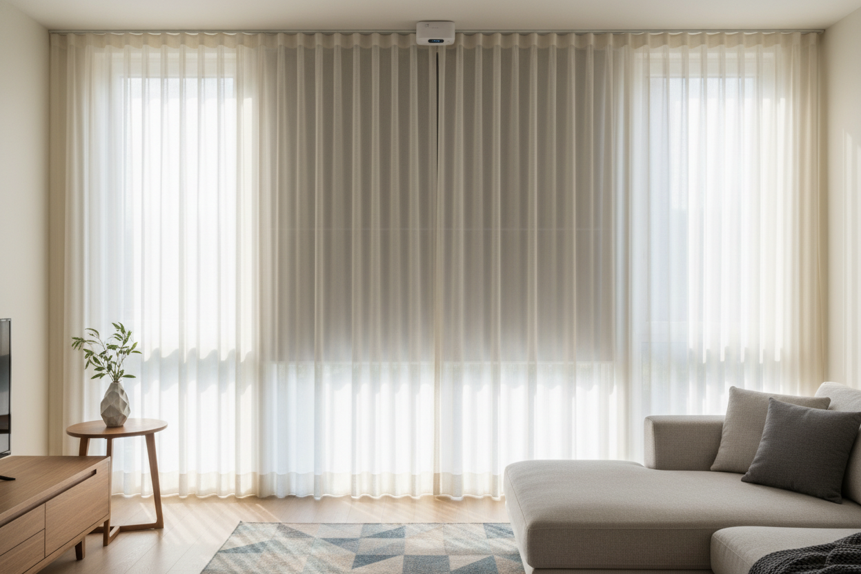 I Layered Living Room Curtains With Blinds to Hide Ugly Smart Motors