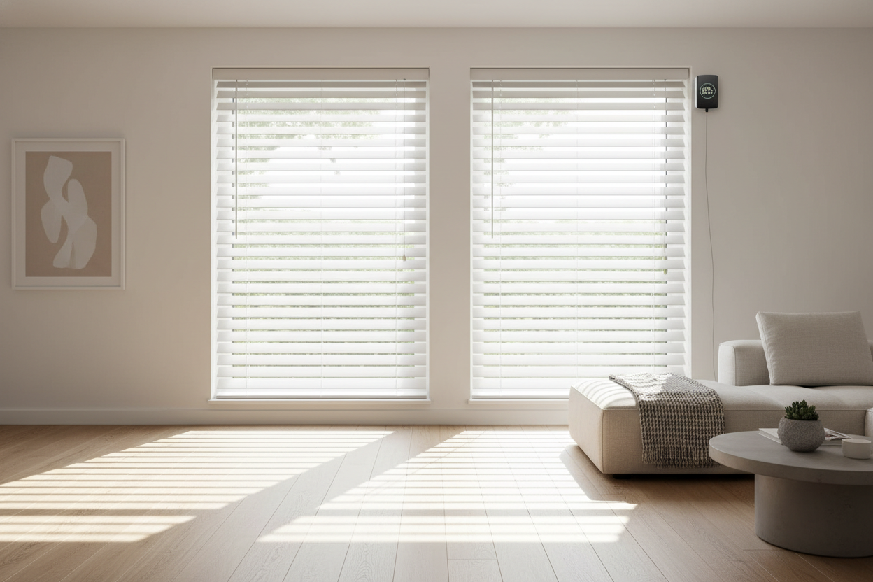 How I Automated 2 White Faux Wood Cordless Blinds (To Appease My HOA)