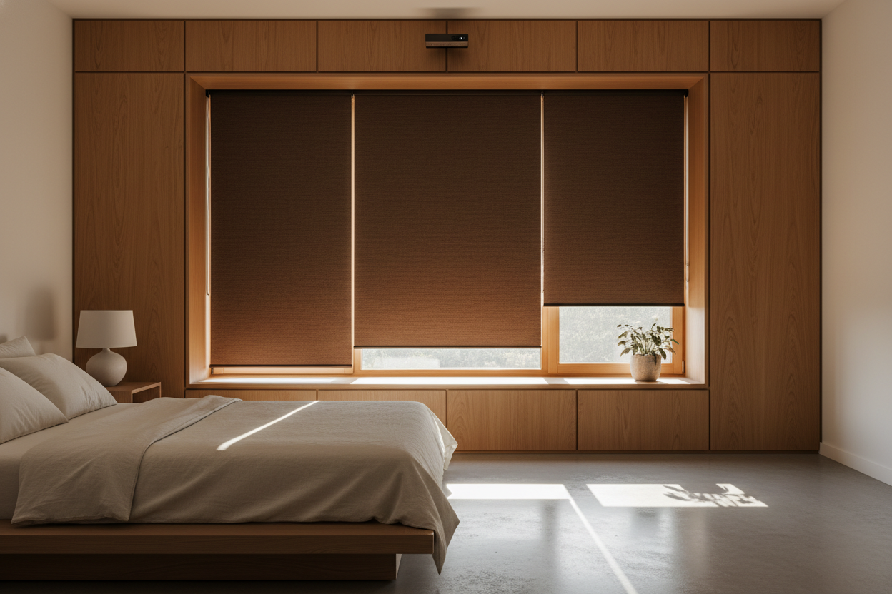 White Shades Looked Cheap on Wood Trim, So I Used Brown Roller Blinds