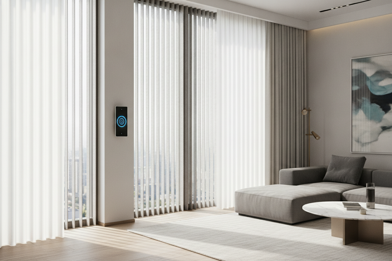 The Trick to Layering Living Room Vertical Blinds With Curtains